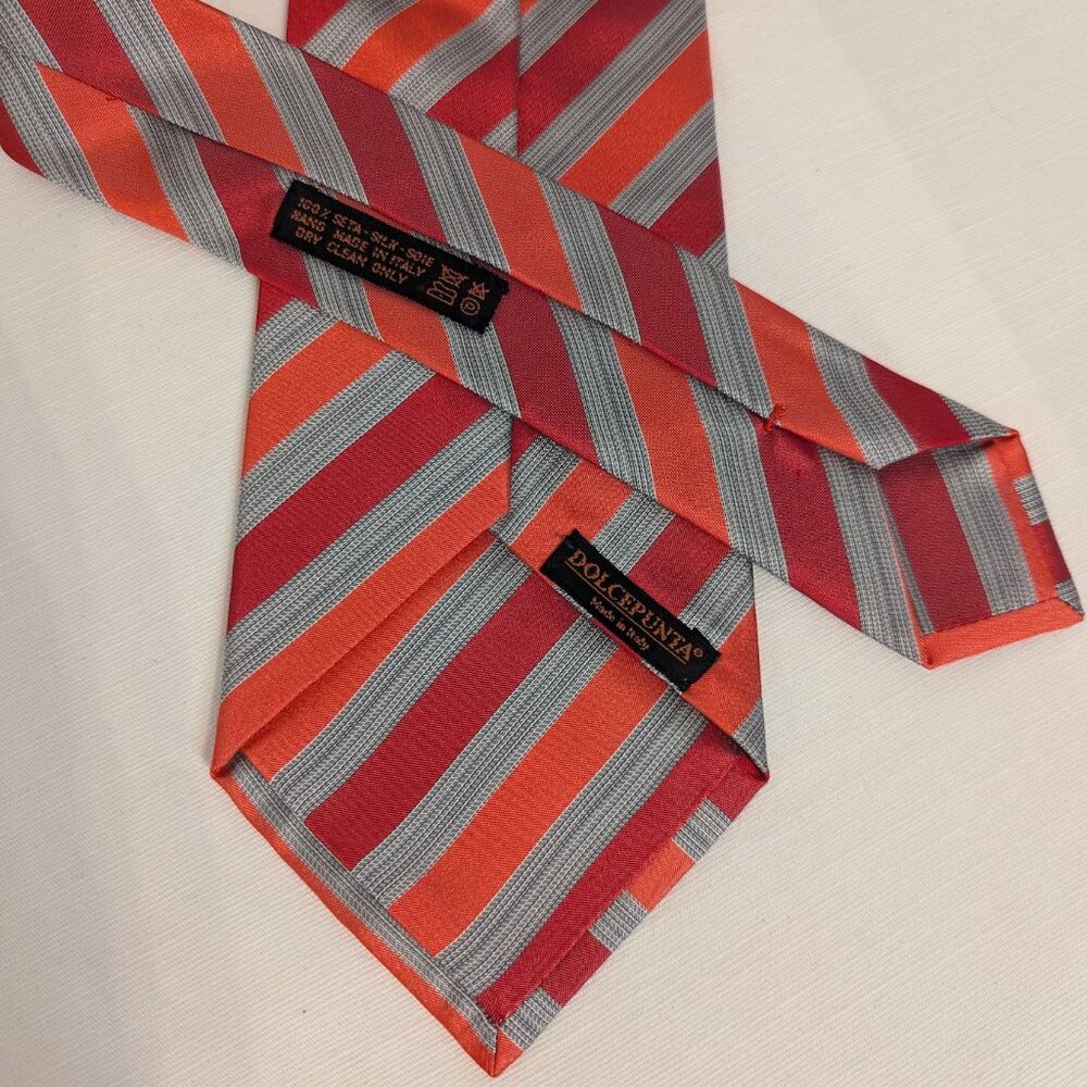 Dolcepunta Tie Luxury 100% Silk Necktie Italy Red Grey Orange Striped Hand Made